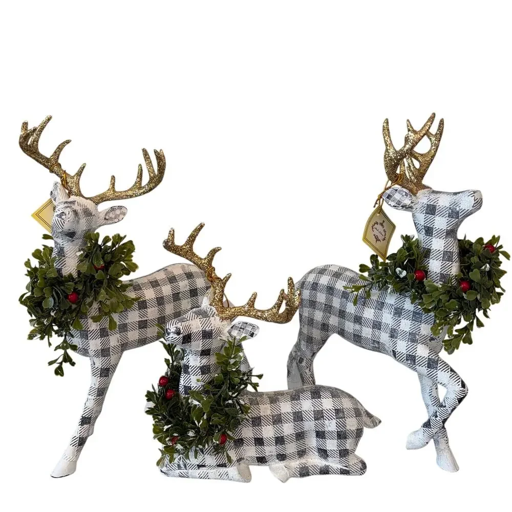 Mark Roberts Plaid Christmas Reindeer Gold Antlers 3pc 13in Holiday Decor NEW